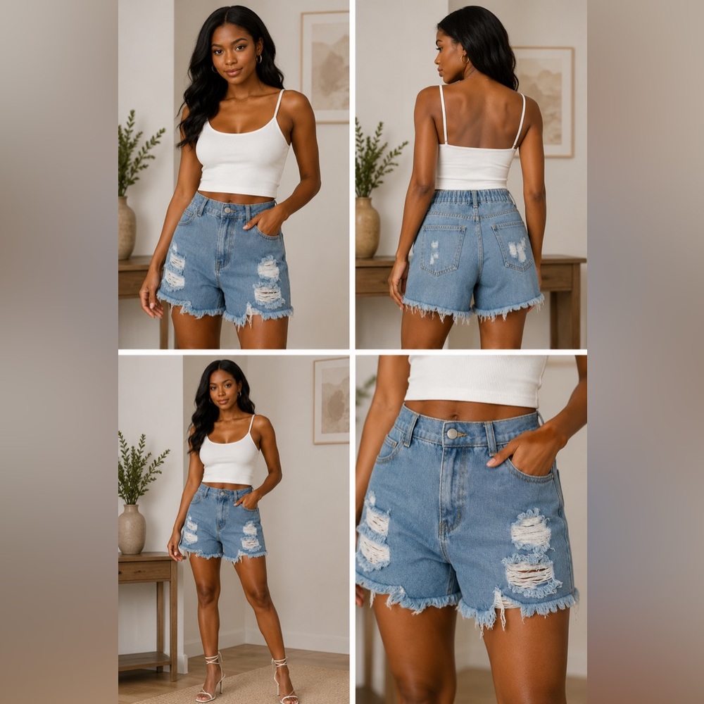 SHEIN Light Blue Distressed High-Waist Denim Shorts